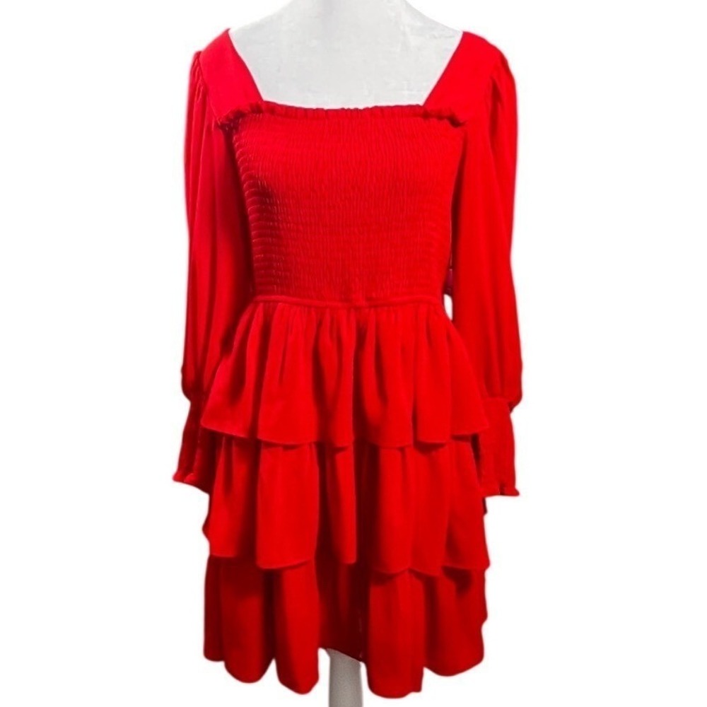 ❤️NWOT Red Smocked Tiered Ruffle Mini Dress Womens XL Long Sleeve Tie Back
